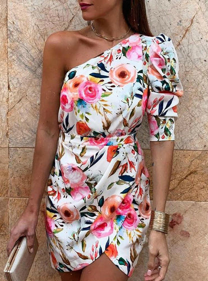 Women's One Shoulder Floral Print Bodycon Dress