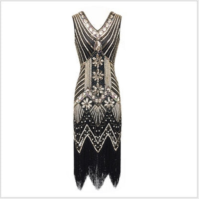 Vestidos V-Neck Flapper Great Party Gown 1920s Gatsby Beaded Sleeveless Tassel Sequin Vintage Feminina