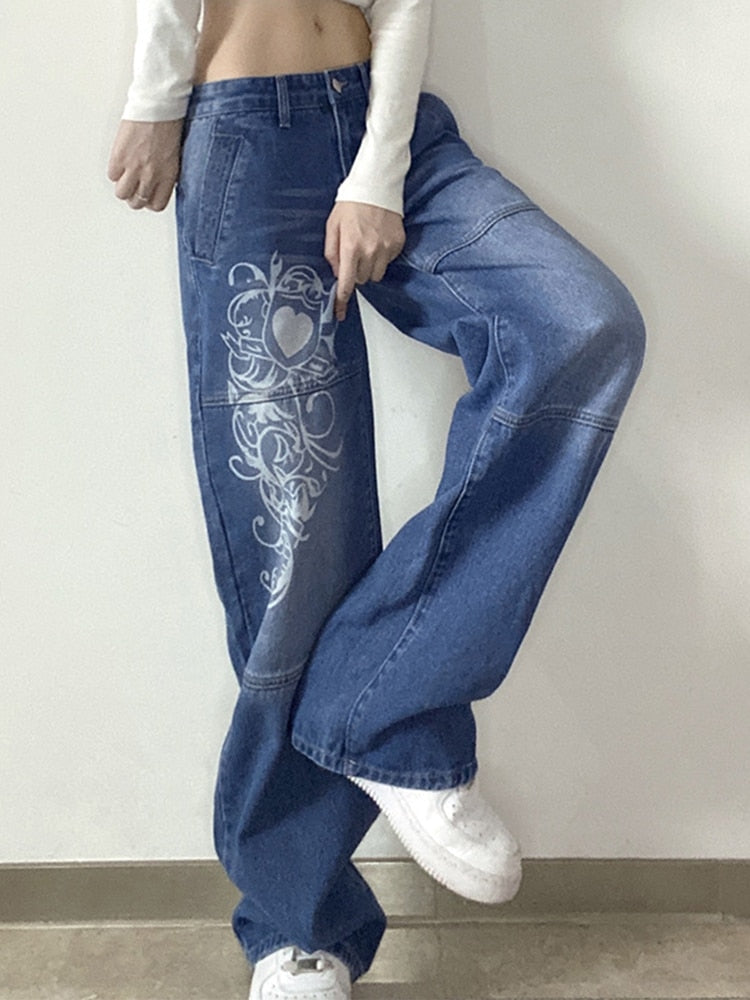 Wide Leg Oversize Y2K Patterned Baggy Winter Cargo Casual Jeans Low Autumn Waist Women's Trousers