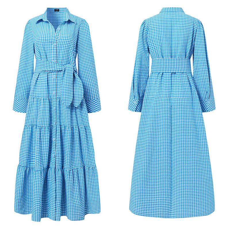 Sundress Plaid Blouse Women Vintage Spring Casual Pockets Patterned Belted Lapel Party Gown Button Dresses Arm Long Robes