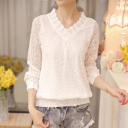 Arm Size Temperament Women's Autumn 1066 V-Neck Sweet Long Slim Bottom Blouse Blouse Lace Fit - 40