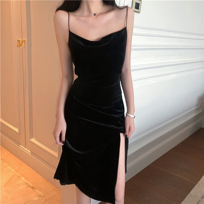 Bodycon Gown - Party Velvet Women's Spaghetti Midi Black Slit Strap with for Gown Summer