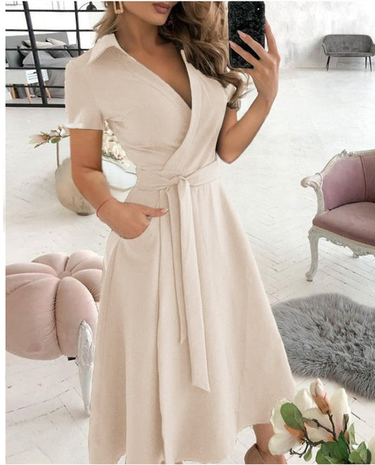 Warm-Season Retro Short-sleeved V-neck Gown Party Spring Patterned Fashion Belt