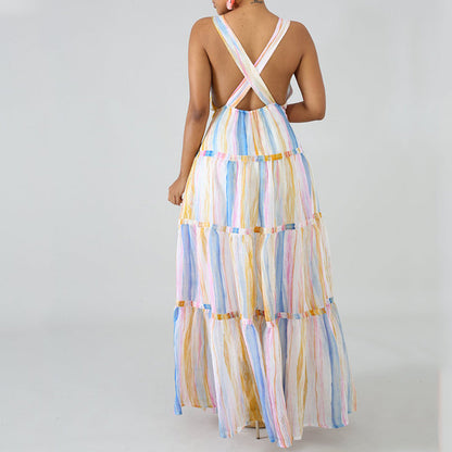 Striped Print Hollow Out Criss Cross Sweet Dress