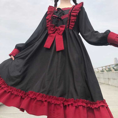 Sweet Ruffles Harajuku Lolita Gown Women Kawaii Gothic Cosplay Splice Party Bandage Bow Dress