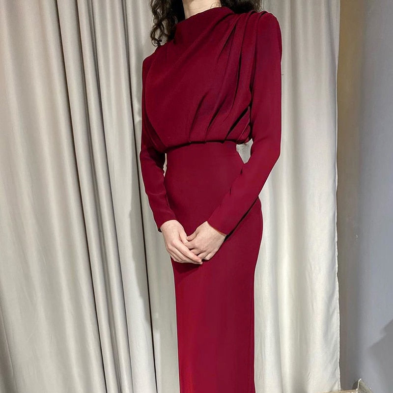 Autumn Stand Slim Party Waist Blue Arm Long Women's Neckline InstaHot Ankle Solid Elegant Length Dress