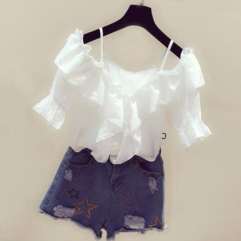 Blouse Ruffle Warm-Season Chiffon Tops Youth Blouse Fashion Women Clothes