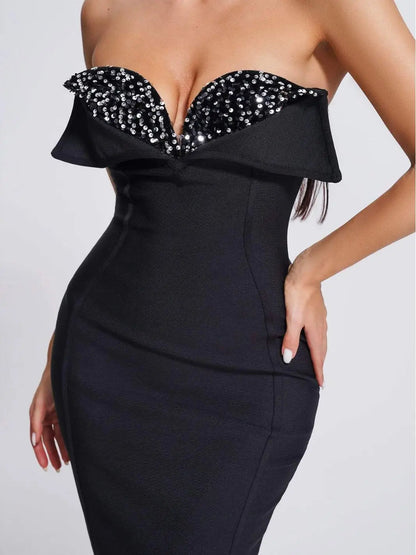 V-Neck Strapless Black Party Dress