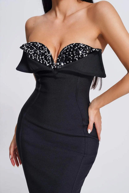 V-Neck Strapless Black Party Dress