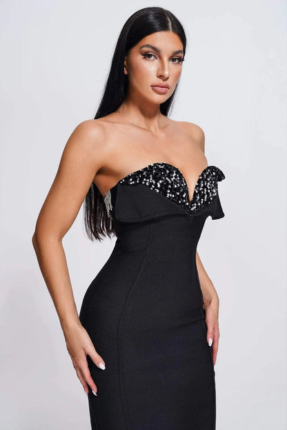 V-Neck Strapless Black Party Dress