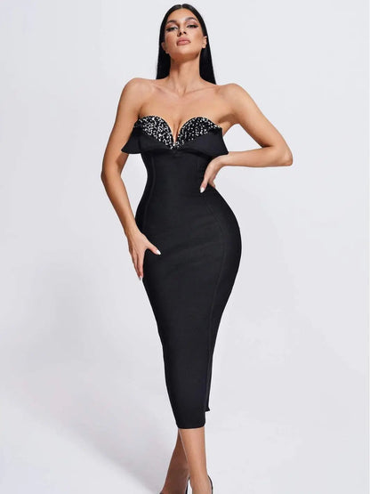 V-Neck Strapless Black Party Dress