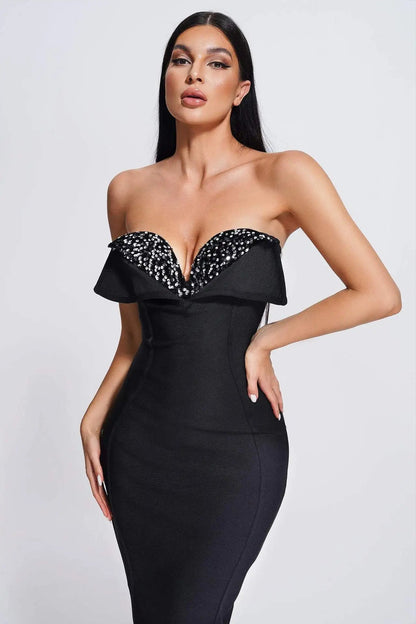 V-Neck Strapless Black Party Dress