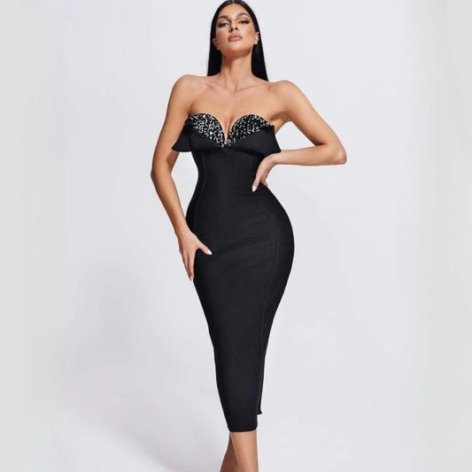 V-Neck Strapless Black Party Dress