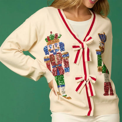 Sequin Christmas Nutcracker V-neck Cardigan