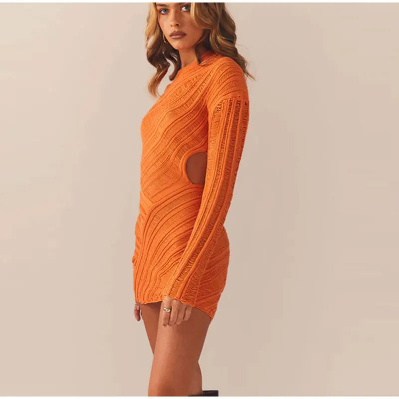 Hollow Out Long Sleeve Knitted Slim Mini Dress