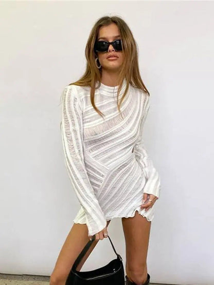 Hollow Out Long Sleeve Knitted Slim Mini Dress