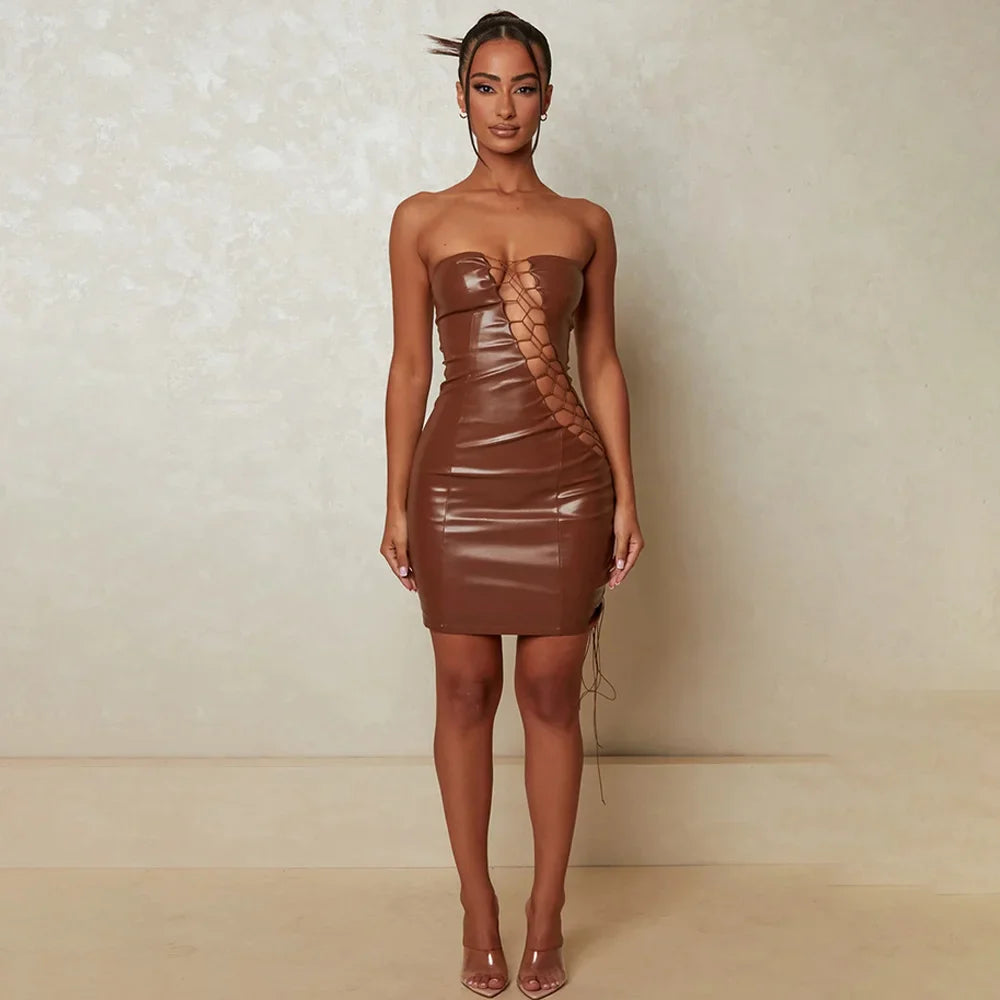 Hollow Out PU Leather Strapless Sleeveless Bodycon Party Short Mini Dress