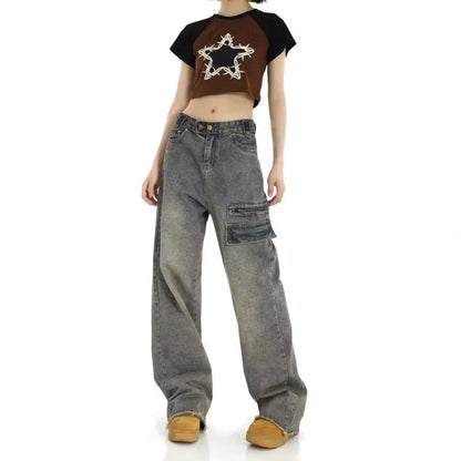 Unique Design Straight Pocket Floor Long Retro High Waisted Workwear Summer Women's Jean