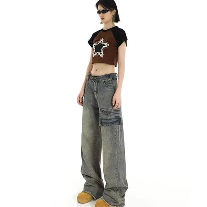 Unique Design Straight Pocket Floor Long Retro High Waisted Workwear Summer Women's Jean