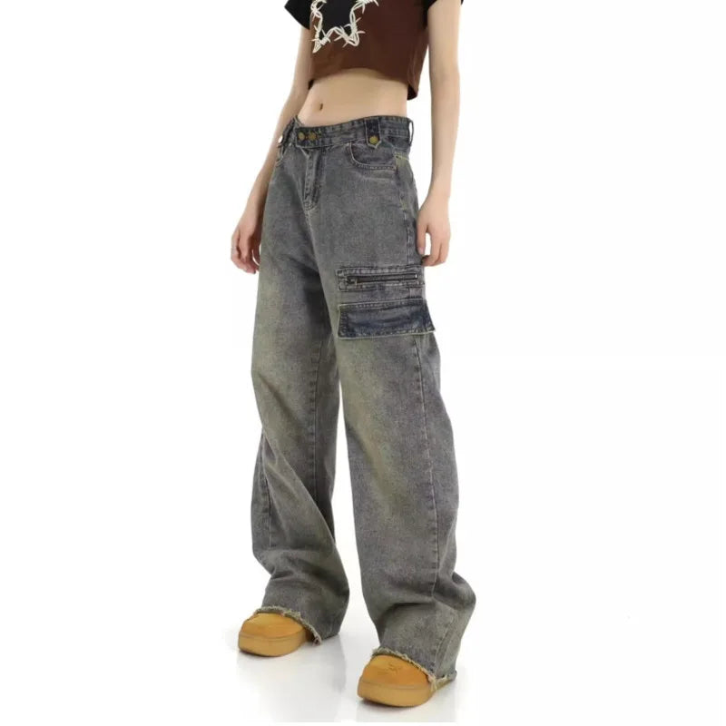 Unique Design Straight Pocket Floor Long Retro High Waisted Workwear Summer Women's Jean