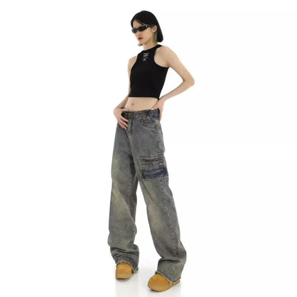 Unique Design Straight Pocket Floor Long Retro High Waisted Workwear Summer Women's Jean