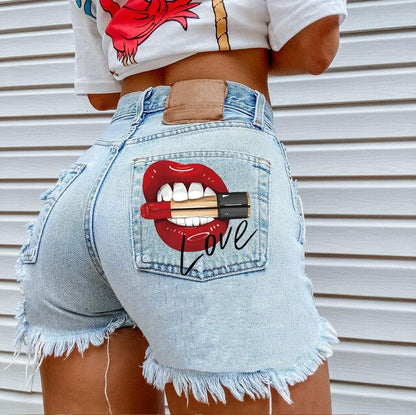 Cosybreezee - Love Print Ripped Denim Shorts