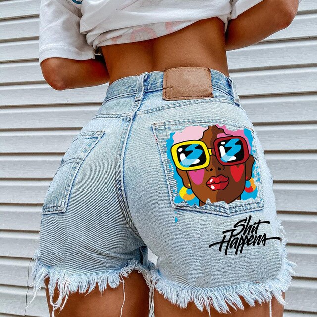 Cosybreezee - Love Print Ripped Denim Shorts