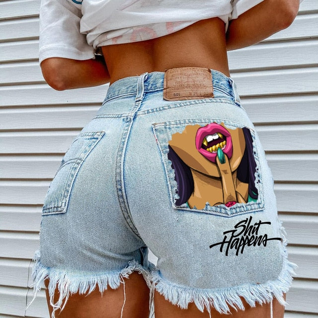 Cosybreezee - Love Print Ripped Denim Shorts