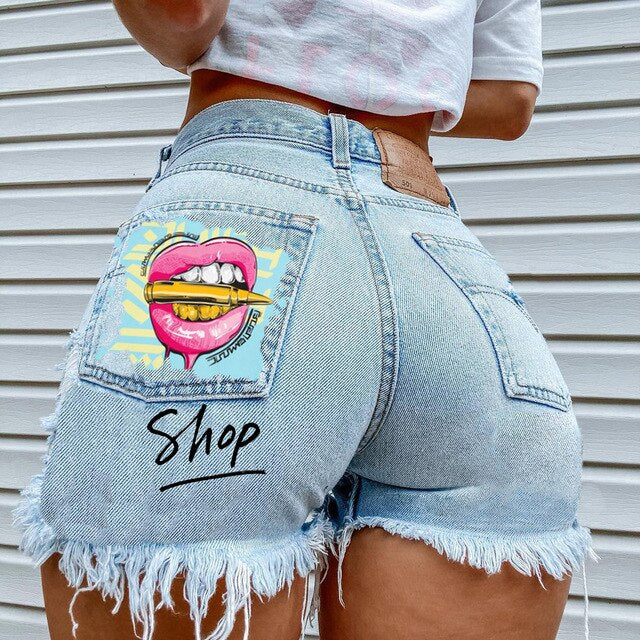 Cosybreezee - Love Print Ripped Denim Shorts