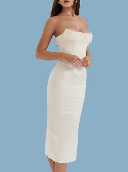 Satin Pearl Tassel Charming Corset Tube Midi Dress