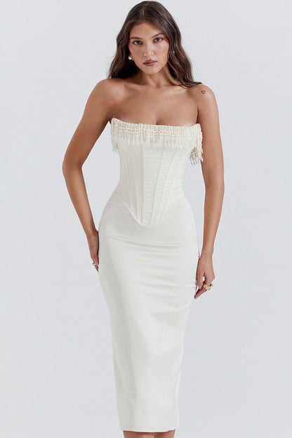 Satin Pearl Tassel Charming Corset Tube Midi Dress