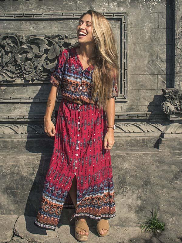 Bohemia Maxi Dress with Floral Print and 3/4 Sleeves