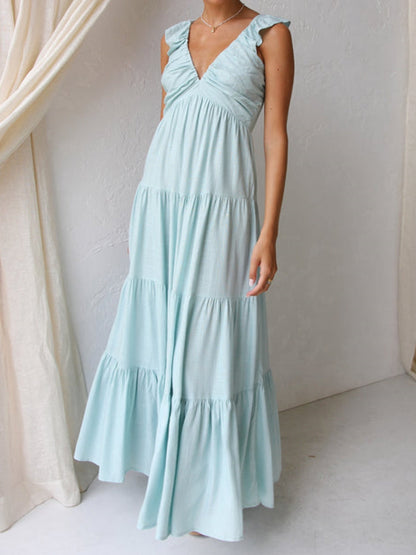 Ruffled Flying Sleeves Smocked Graceful Back Tiered Vacation Maxi Dress