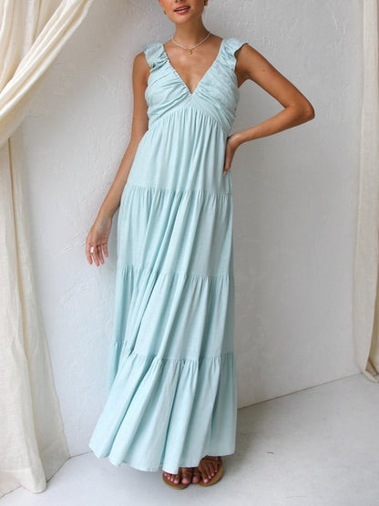 Ruffled Flying Sleeves Smocked Graceful Back Tiered Vacation Maxi Dress