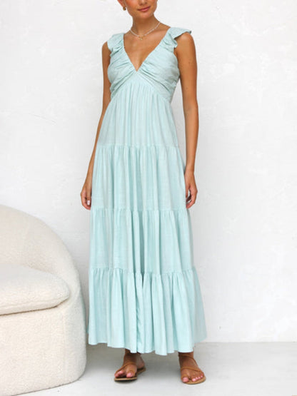 Ruffled Flying Sleeves Smocked Graceful Back Tiered Vacation Maxi Dress