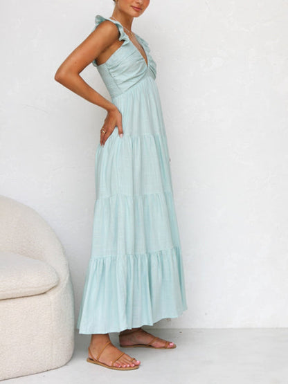 Ruffled Flying Sleeves Smocked Graceful Back Tiered Vacation Maxi Dress