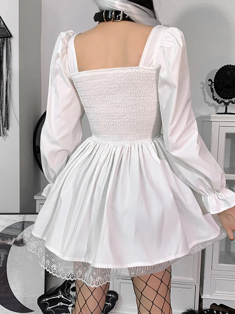 Spaghetti Strap Lace Satin Slip Sexy Party Mini Harajuku Vintage Square Collar Puff Sleeve Dress