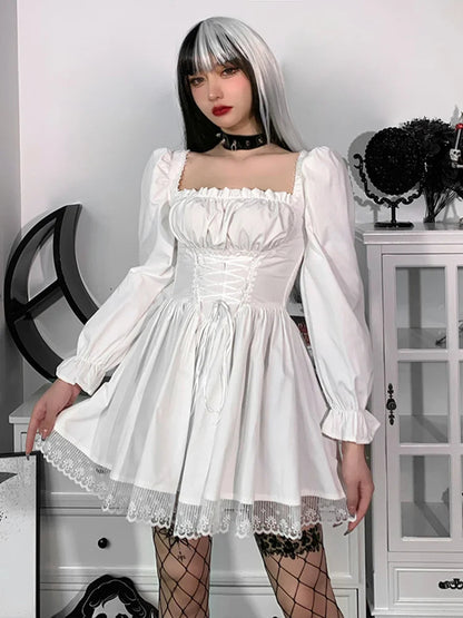 Spaghetti Strap Lace Satin Slip Sexy Party Mini Harajuku Vintage Square Collar Puff Sleeve Dress