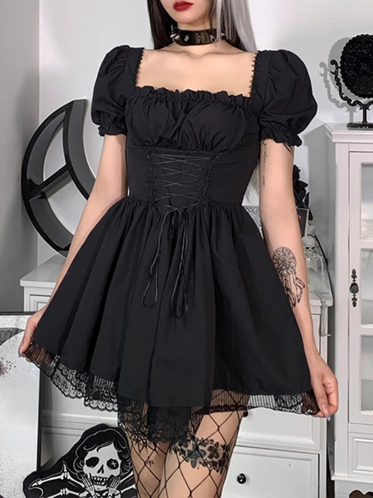 Lolita Black Goth Aesthetic Puff Sleeve High Waist Mini Vintage Lace Trim Bandage Corset Dress