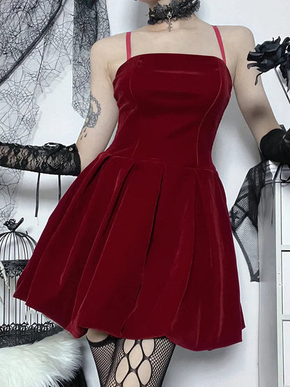 Velvet Solid Shirring High Waist Spaghetti Straps A-Line Party Mini Elegant New Year Dress