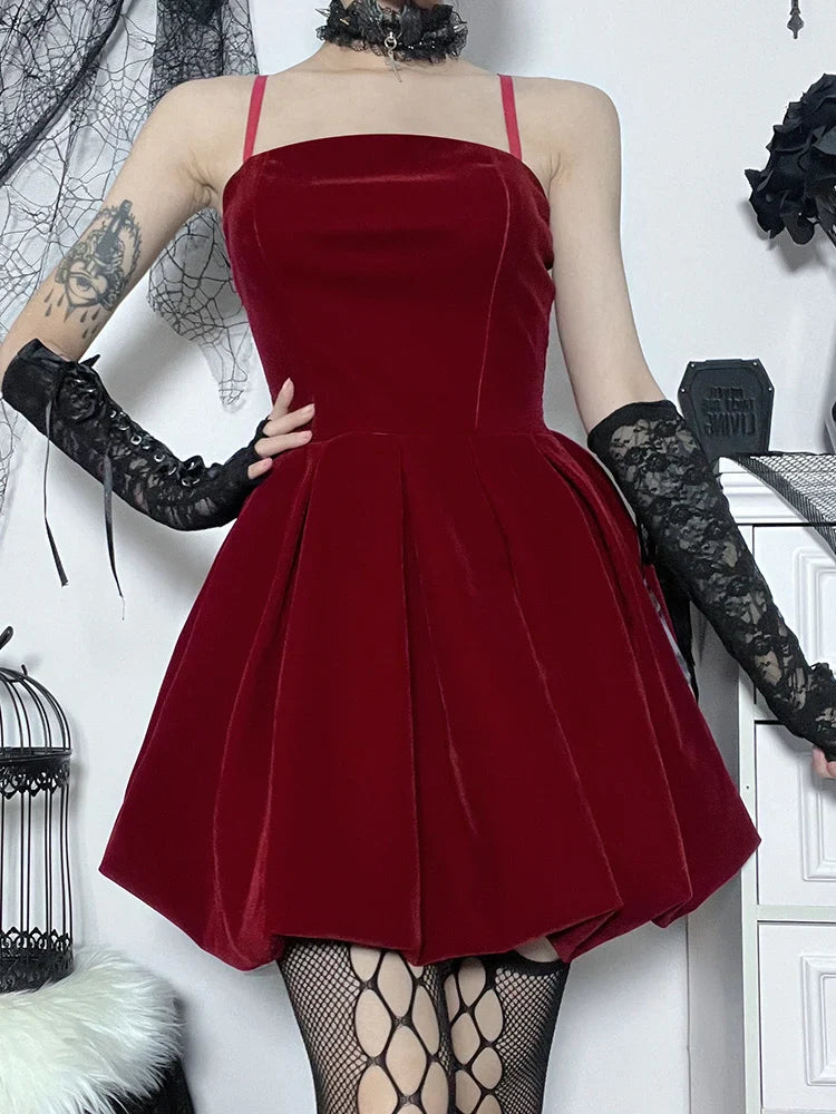 Velvet Solid Shirring High Waist Spaghetti Straps A-Line Party Mini Elegant New Year Dress