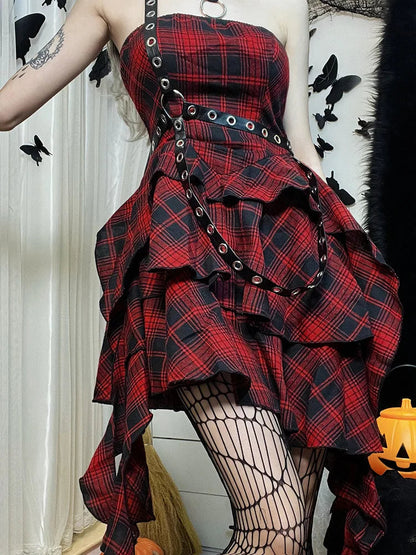 Red Plaid One Shoulder Irregular Strapless Backless Sexy Vintage Lolita Academy Dress