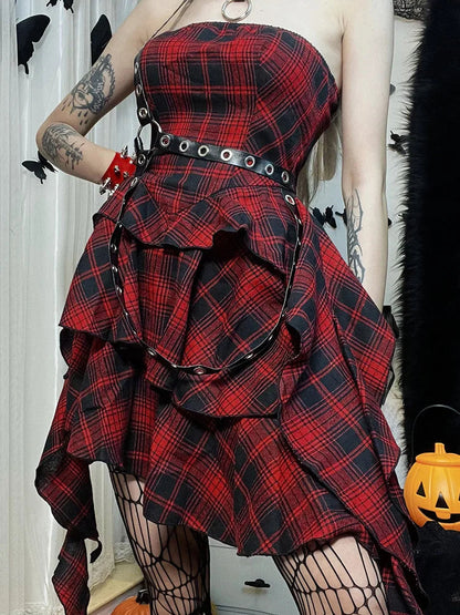 Red Plaid One Shoulder Irregular Strapless Backless Sexy Vintage Lolita Academy Dress