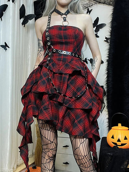 Red Plaid One Shoulder Irregular Strapless Backless Sexy Vintage Lolita Academy Dress