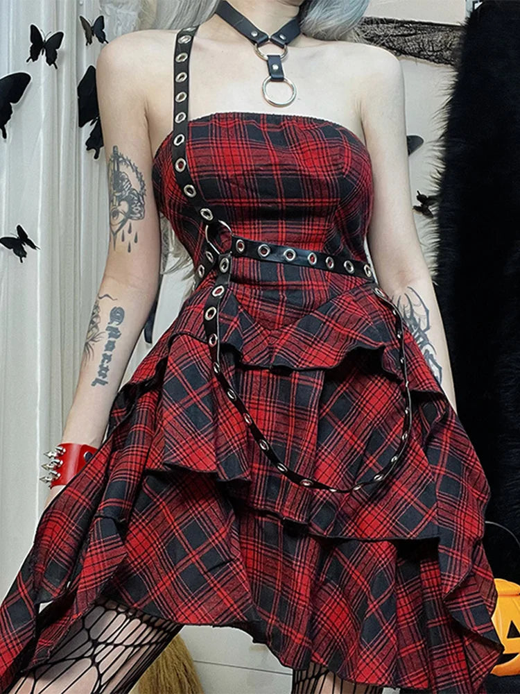 Red Plaid One Shoulder Irregular Strapless Backless Sexy Vintage Lolita Academy Dress