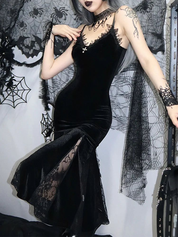 Sexy Spaghetti Strap Backless Velvet Gothic Cross Black Lace Patchwork Maxi Dress