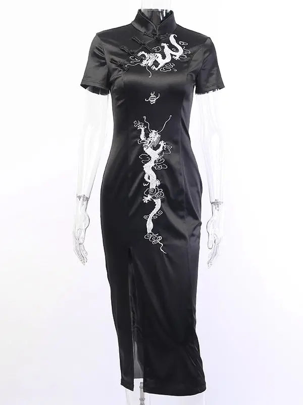 Women's Embroidery Dragon Qipao Cheongsam Retro Side Slit Stand Collar Evening Dress