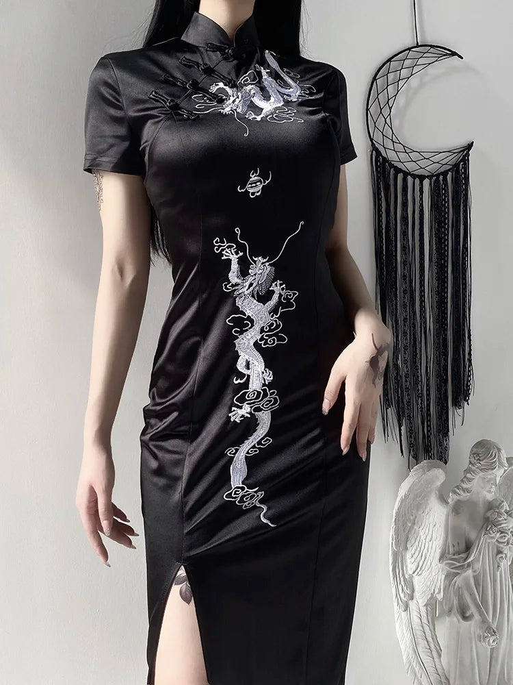 Women's Embroidery Dragon Qipao Cheongsam Retro Side Slit Stand Collar Evening Dress