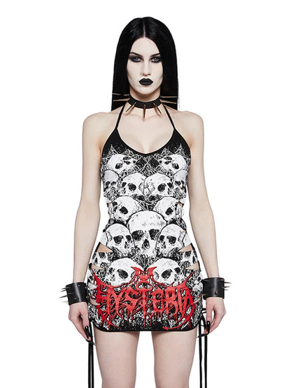 Y2K Skull Print Plus Size Punk Hollow Out Sleeveless Strap Drawstring Sling Party Cami Dress