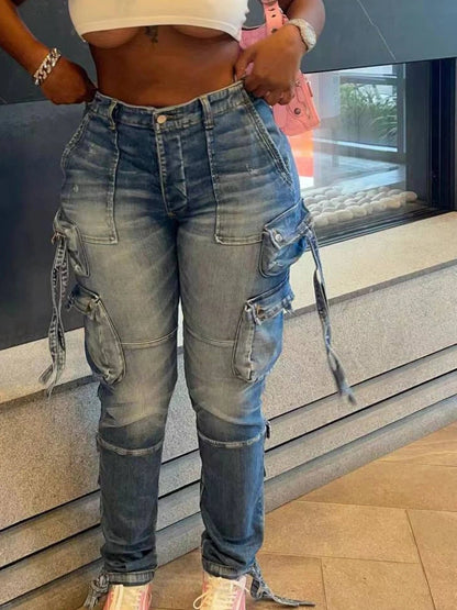 Women Long Cargo Pant Slim Fit Regular Y2K Casual Slim Fit Low Waist Splice Denim Trousers Zipper Summer Jeans